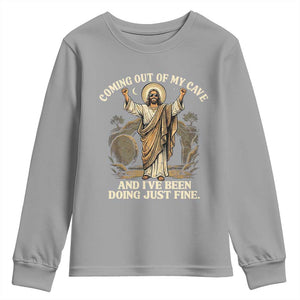 Coming Out Of My Cave Christian Easter Youth Sweatshirt Risen Jesus Tomb Scene Inspirational Faith Message Gift TS02 Sport Gray Print Your Wear