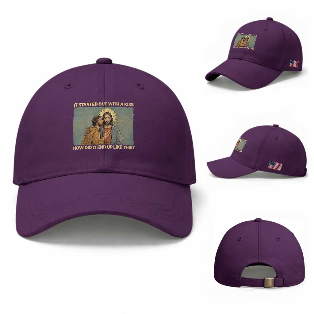 It Started Out With A Kiss Christian Easter Baseball Cap Judas Betrayal Biblical Scene Faith Reflection Gift TS02 Baseball Cap Universal Fit Purple Print Your Wear