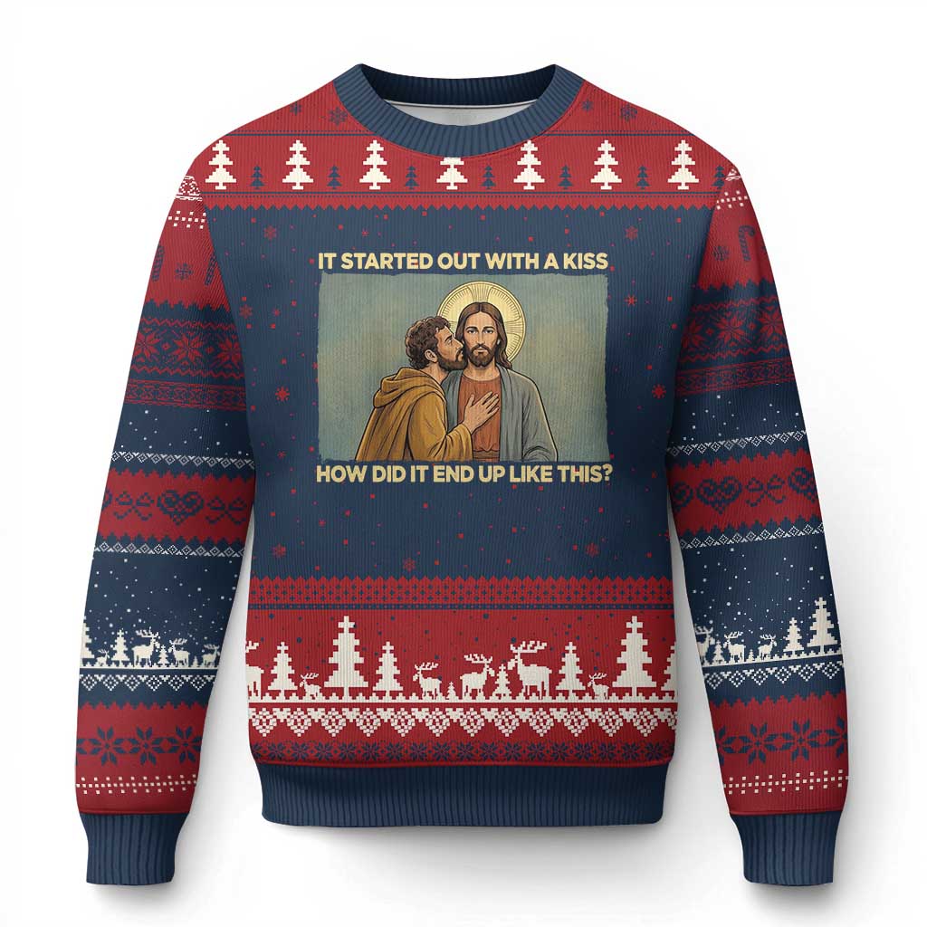 It Started Out With A Kiss Christian Easter Ugly Christmas Sweater Judas Betrayal Biblical Scene Faith Reflection Gift TS02 Navy Red Print Your Wear