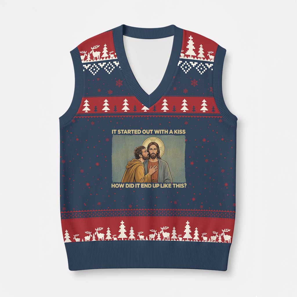 It Started Out With A Kiss Christian Easter V-Neck Knit Sweater Vest Judas Betrayal Biblical Scene Faith Reflection Gift TS02 Navy Red Print Your Wear