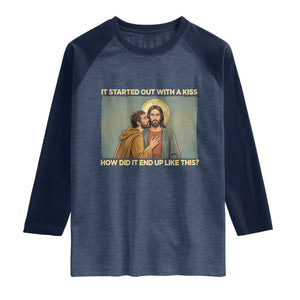 It Started Out With A Kiss Christian Easter Raglan Shirt Judas Betrayal Biblical Scene Faith Reflection Gift TS02 Heather Denim Navy Print Your Wear