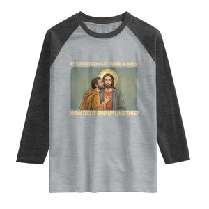 It Started Out With A Kiss Christian Easter Raglan Shirt Judas Betrayal Biblical Scene Faith Reflection Gift TS02 Heather Gray Heather Charcoal Print Your Wear