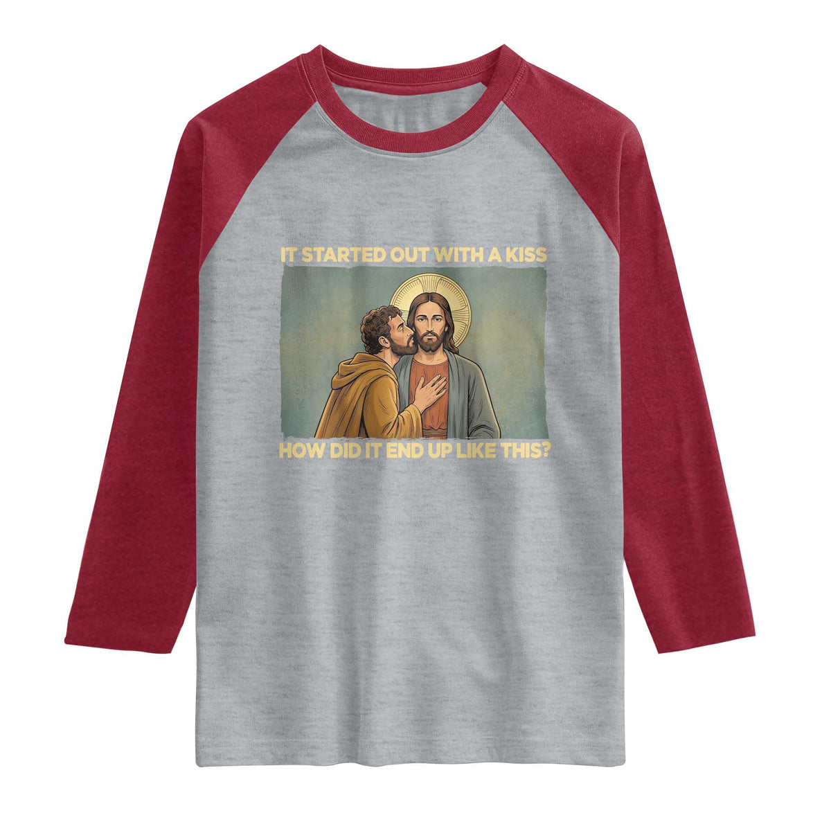 It Started Out With A Kiss Christian Easter Raglan Shirt Judas Betrayal Biblical Scene Faith Reflection Gift TS02 Heather Gray Heather Red Print Your Wear