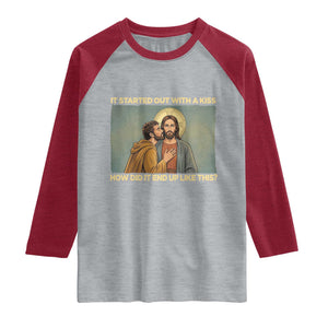 It Started Out With A Kiss Christian Easter Raglan Shirt Judas Betrayal Biblical Scene Faith Reflection Gift TS02 Heather Gray Heather Red Print Your Wear