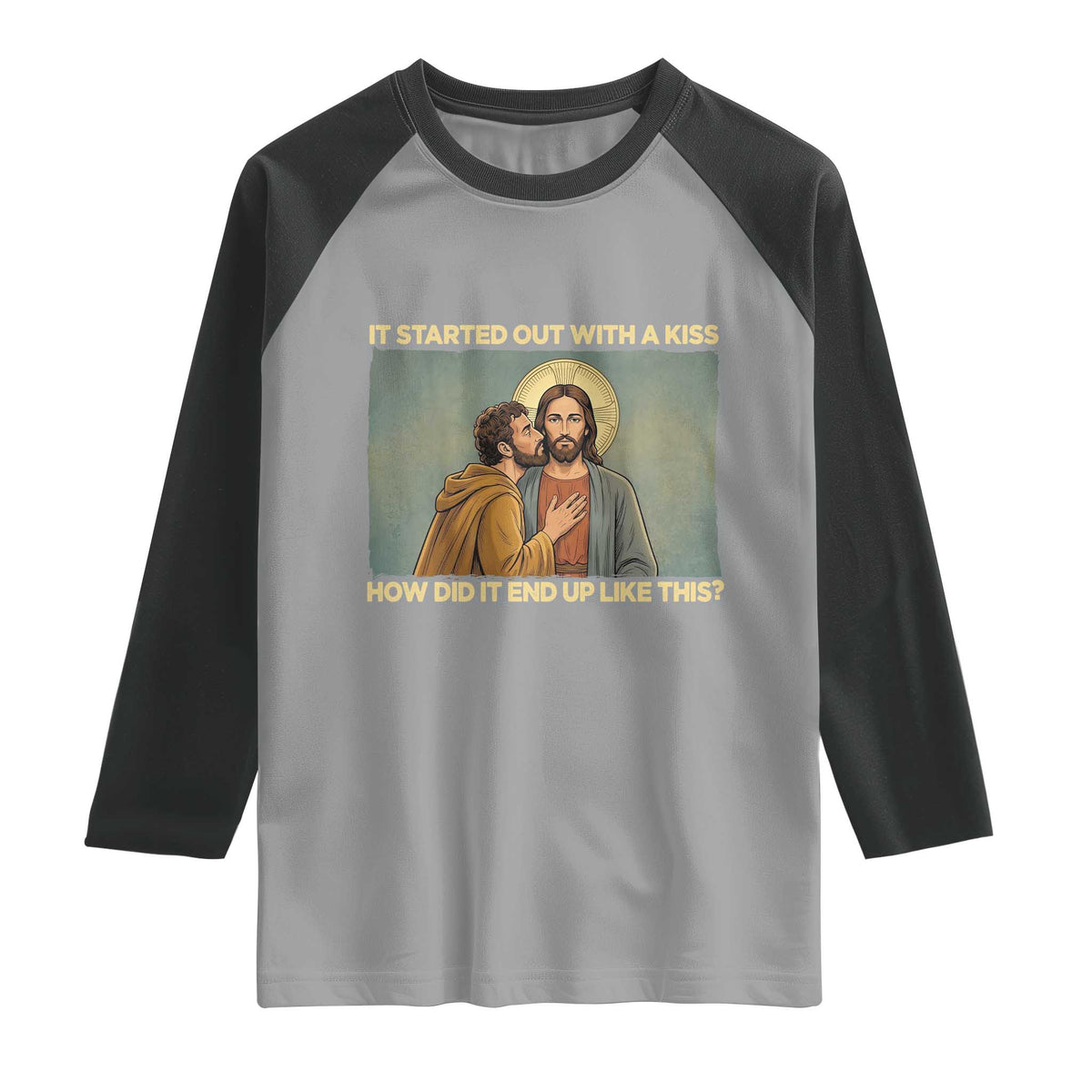 It Started Out With A Kiss Christian Easter Raglan Shirt Judas Betrayal Biblical Scene Faith Reflection Gift TS02 Sport Gray Black Print Your Wear