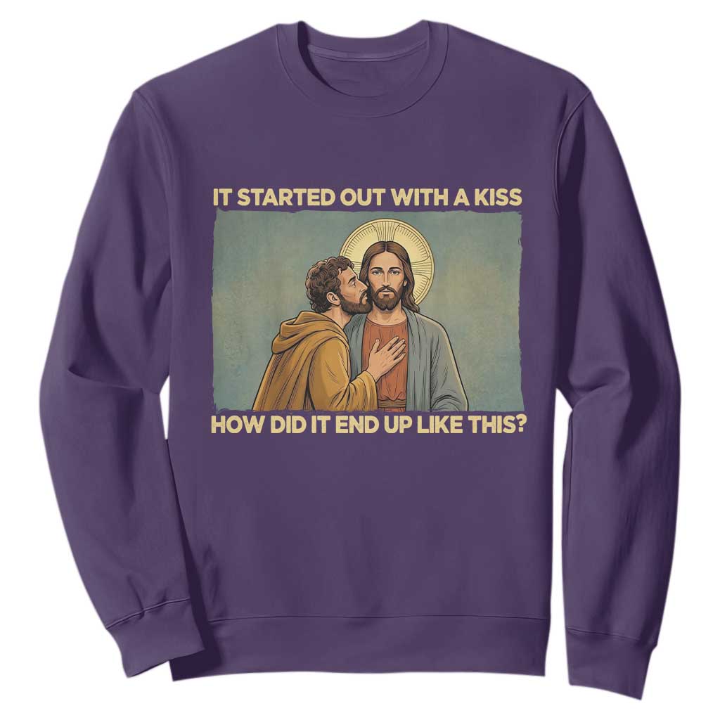 It Started Out With A Kiss Christian Easter Sweatshirt Judas Betrayal Biblical Scene Faith Reflection Gift TS02 Purple Print Your Wear