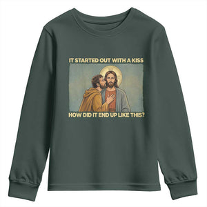 It Started Out With A Kiss Christian Easter Youth Sweatshirt Judas Betrayal Biblical Scene Faith Reflection Gift TS02 Dark Forest Green Print Your Wear