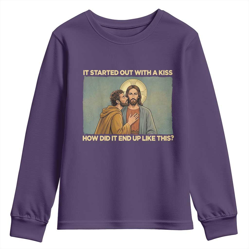 It Started Out With A Kiss Christian Easter Youth Sweatshirt Judas Betrayal Biblical Scene Faith Reflection Gift TS02 Purple Print Your Wear