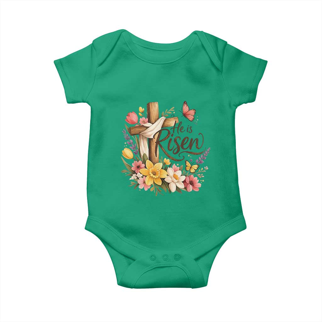 He Is Risen Floral Cross Christian Easter Baby Onesie Spring Flowers Butterfly Faith Inspirational Gift TS02 Irish Green Print Your Wear