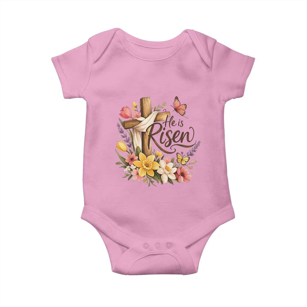 He Is Risen Floral Cross Christian Easter Baby Onesie Spring Flowers Butterfly Faith Inspirational Gift TS02 Light Pink Print Your Wear