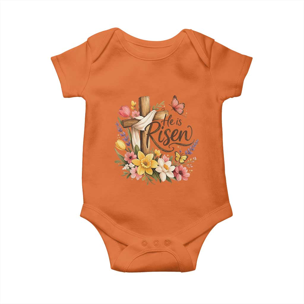 He Is Risen Floral Cross Christian Easter Baby Onesie Spring Flowers Butterfly Faith Inspirational Gift TS02 Orange Print Your Wear