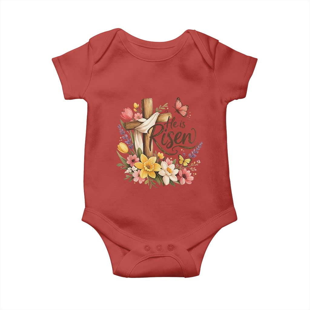 He Is Risen Floral Cross Christian Easter Baby Onesie Spring Flowers Butterfly Faith Inspirational Gift TS02 Red Print Your Wear