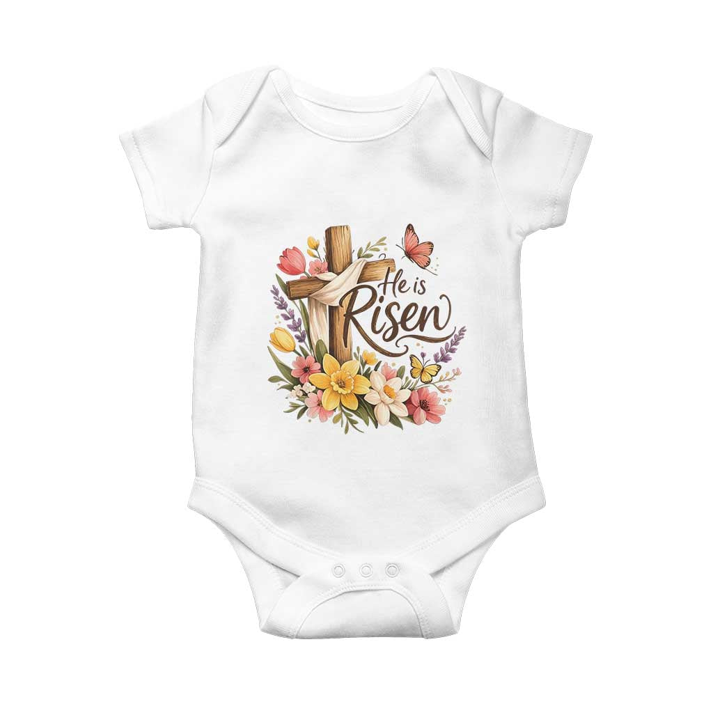 He Is Risen Floral Cross Christian Easter Baby Onesie Spring Flowers Butterfly Faith Inspirational Gift TS02 White Print Your Wear