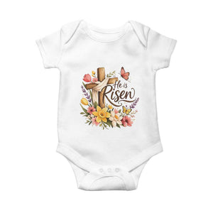 He Is Risen Floral Cross Christian Easter Baby Onesie Spring Flowers Butterfly Faith Inspirational Gift TS02 White Print Your Wear