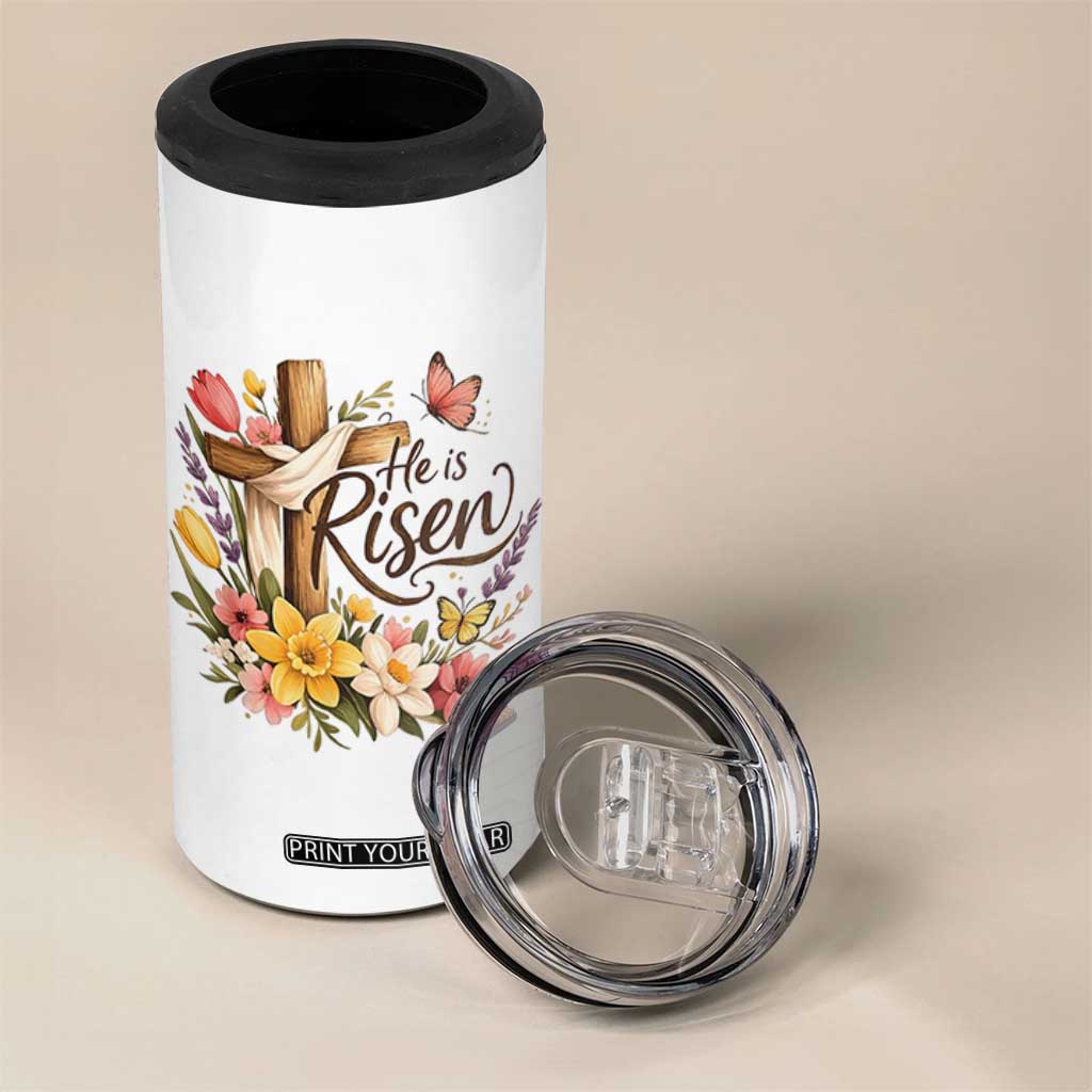 He Is Risen Floral Cross Christian Easter 4 in 1 Can Cooler Tumbler Spring Flowers Butterfly Faith Inspirational Gift TS02 Print Your Wear