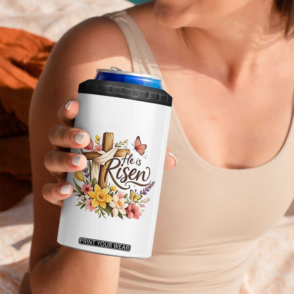 He Is Risen Floral Cross Christian Easter 4 in 1 Can Cooler Tumbler Spring Flowers Butterfly Faith Inspirational Gift TS02 Print Your Wear