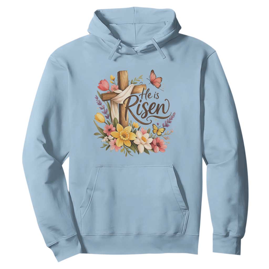He Is Risen Floral Cross Christian Easter Hoodie Spring Flowers Butterfly Faith Inspirational Gift TS02 Light Blue Print Your Wear