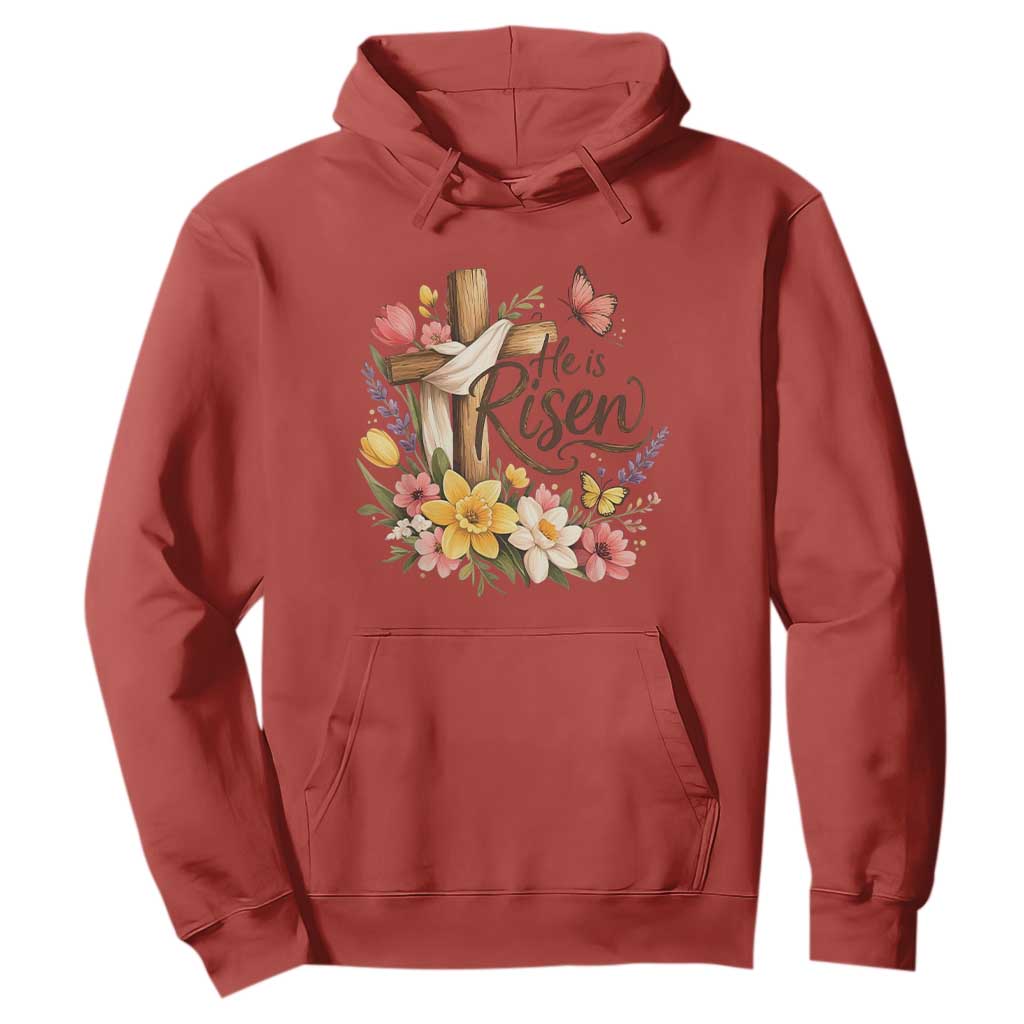 He Is Risen Floral Cross Christian Easter Hoodie Spring Flowers Butterfly Faith Inspirational Gift TS02 Red Print Your Wear