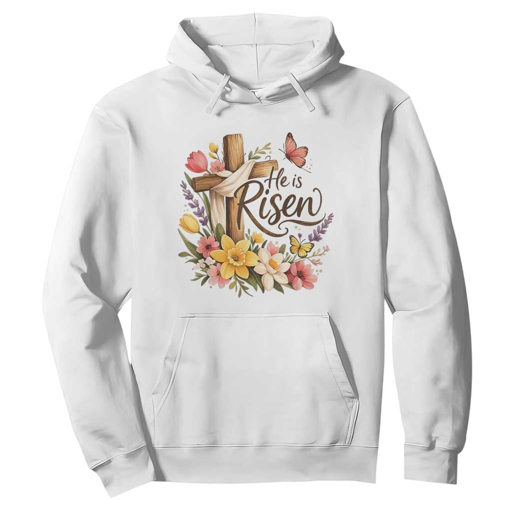 He Is Risen Floral Cross Christian Easter Hoodie Spring Flowers Butterfly Faith Inspirational Gift TS02 White Print Your Wear