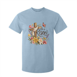 He Is Risen Floral Cross Christian Easter T Shirt For Kid Spring Flowers Butterfly Faith Inspirational Gift TS02 Light Blue Print Your Wear