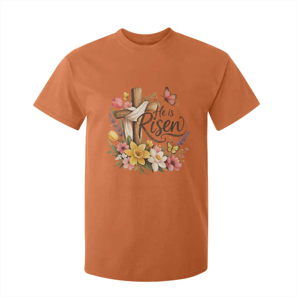 He Is Risen Floral Cross Christian Easter T Shirt For Kid Spring Flowers Butterfly Faith Inspirational Gift TS02 Orange Print Your Wear