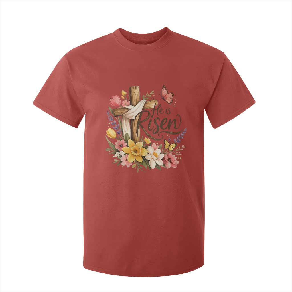 He Is Risen Floral Cross Christian Easter T Shirt For Kid Spring Flowers Butterfly Faith Inspirational Gift TS02 Red Print Your Wear