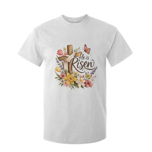 He Is Risen Floral Cross Christian Easter T Shirt For Kid Spring Flowers Butterfly Faith Inspirational Gift TS02 White Print Your Wear