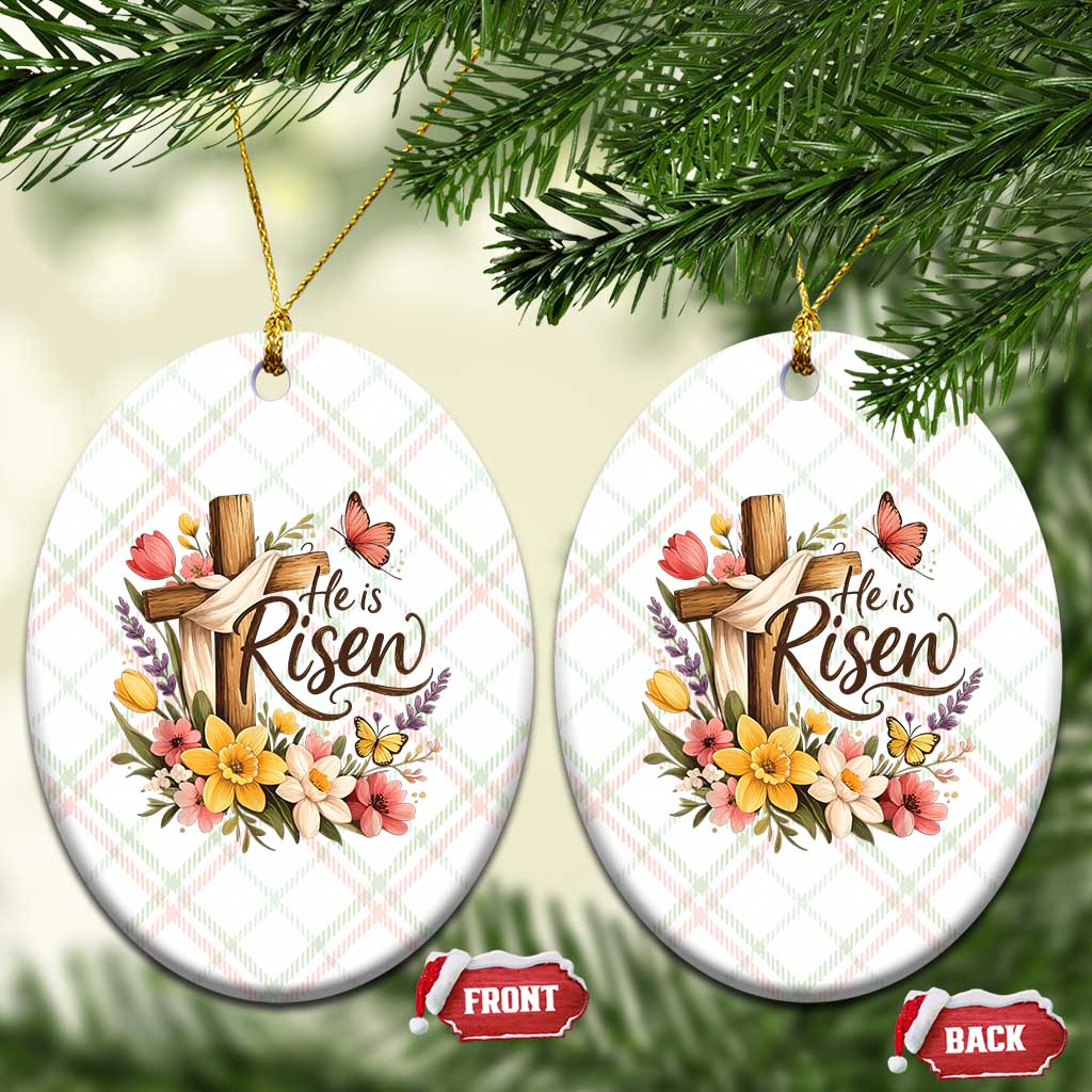 He Is Risen Floral Cross Christian Easter Ceramic Ornament Spring Flowers Butterfly Faith Inspirational Gift TS02 Print Your Wear