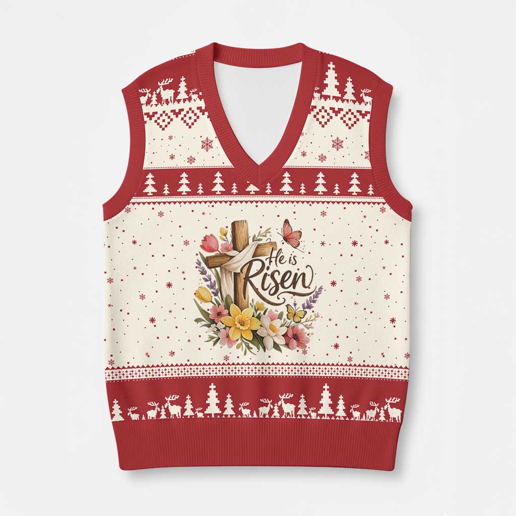 He Is Risen Floral Cross Christian Easter V-Neck Knit Sweater Vest Spring Flowers Butterfly Faith Inspirational Gift TS02 Beige Red Print Your Wear