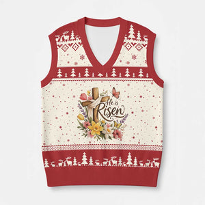 He Is Risen Floral Cross Christian Easter V-Neck Knit Sweater Vest Spring Flowers Butterfly Faith Inspirational Gift TS02 Beige Red Print Your Wear