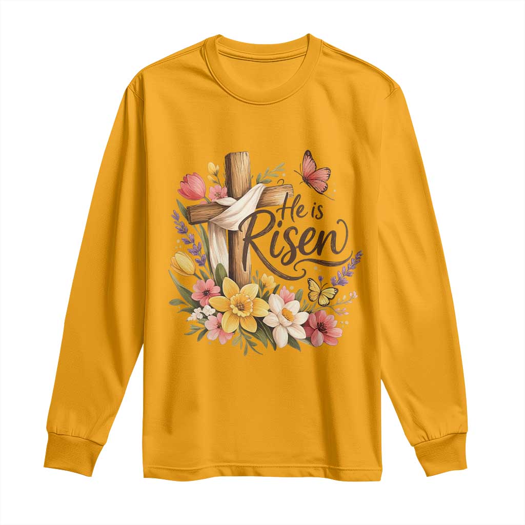 He Is Risen Floral Cross Christian Easter Long Sleeve Shirt Spring Flowers Butterfly Faith Inspirational Gift TS02 Gold Print Your Wear