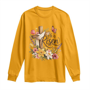 He Is Risen Floral Cross Christian Easter Long Sleeve Shirt Spring Flowers Butterfly Faith Inspirational Gift TS02 Gold Print Your Wear