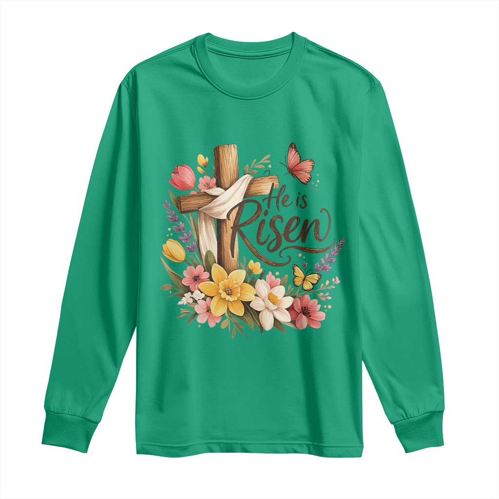 He Is Risen Floral Cross Christian Easter Long Sleeve Shirt Spring Flowers Butterfly Faith Inspirational Gift TS02 Irish Green Print Your Wear
