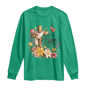 He Is Risen Floral Cross Christian Easter Long Sleeve Shirt Spring Flowers Butterfly Faith Inspirational Gift TS02 Irish Green Print Your Wear