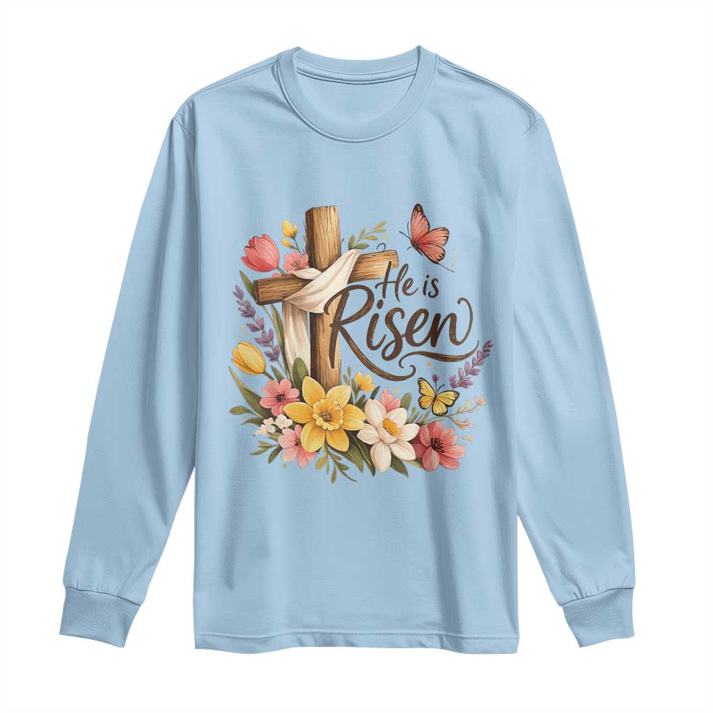 He Is Risen Floral Cross Christian Easter Long Sleeve Shirt Spring Flowers Butterfly Faith Inspirational Gift TS02 Light Blue Print Your Wear