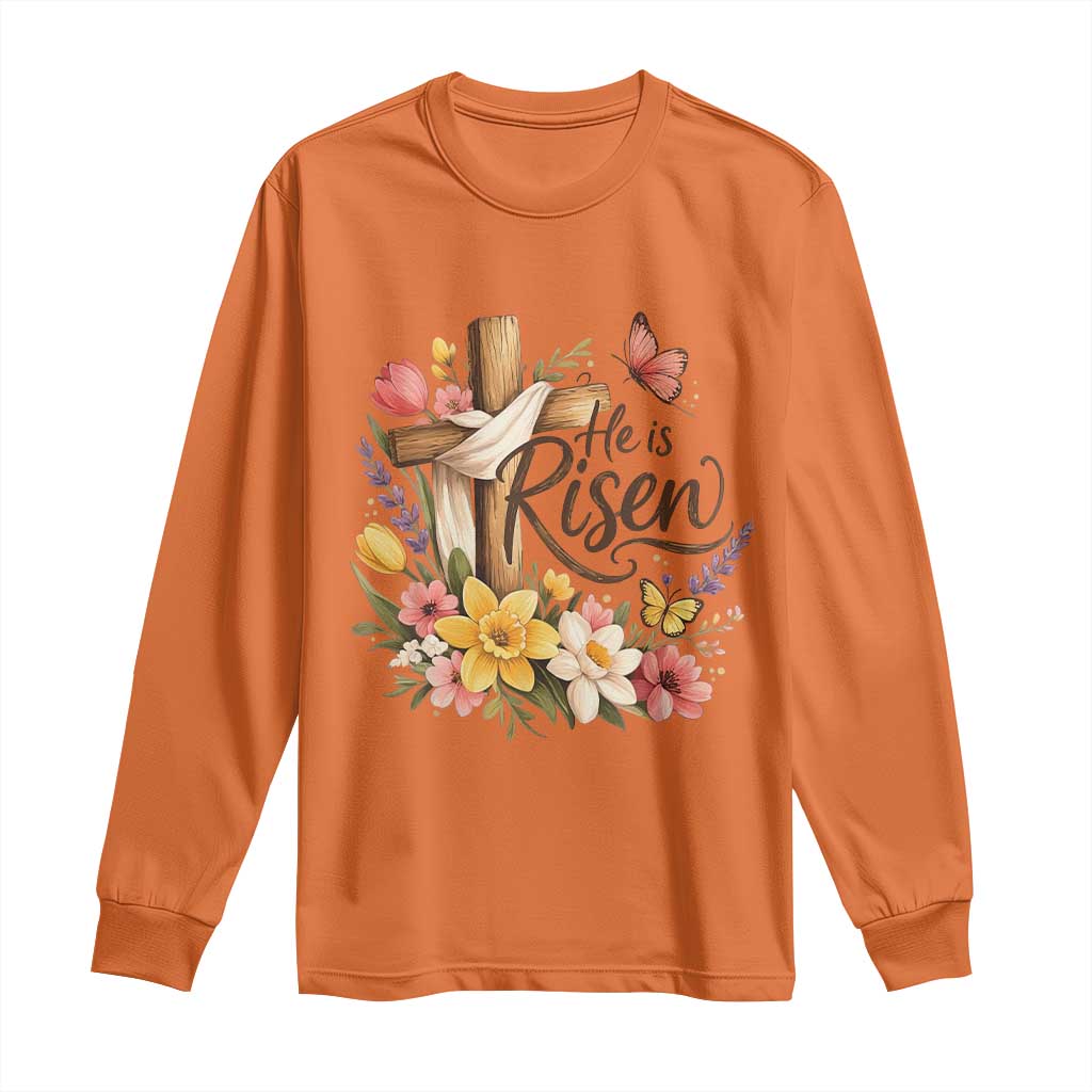 He Is Risen Floral Cross Christian Easter Long Sleeve Shirt Spring Flowers Butterfly Faith Inspirational Gift TS02 Orange Print Your Wear