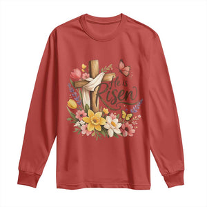 He Is Risen Floral Cross Christian Easter Long Sleeve Shirt Spring Flowers Butterfly Faith Inspirational Gift TS02 Red Print Your Wear