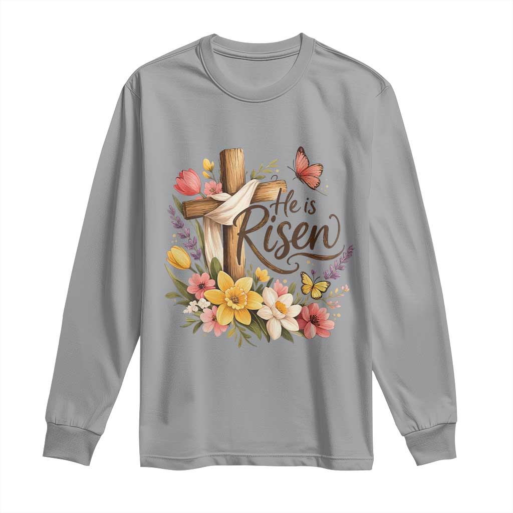 He Is Risen Floral Cross Christian Easter Long Sleeve Shirt Spring Flowers Butterfly Faith Inspirational Gift TS02 Sport Gray Print Your Wear