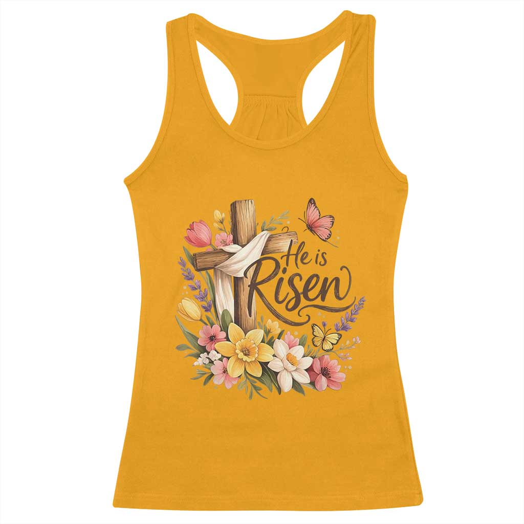He Is Risen Floral Cross Christian Easter Racerback Tank Top Spring Flowers Butterfly Faith Inspirational Gift TS02 Gold Print Your Wear