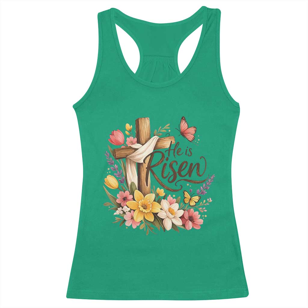 He Is Risen Floral Cross Christian Easter Racerback Tank Top Spring Flowers Butterfly Faith Inspirational Gift TS02 Irish Green Print Your Wear