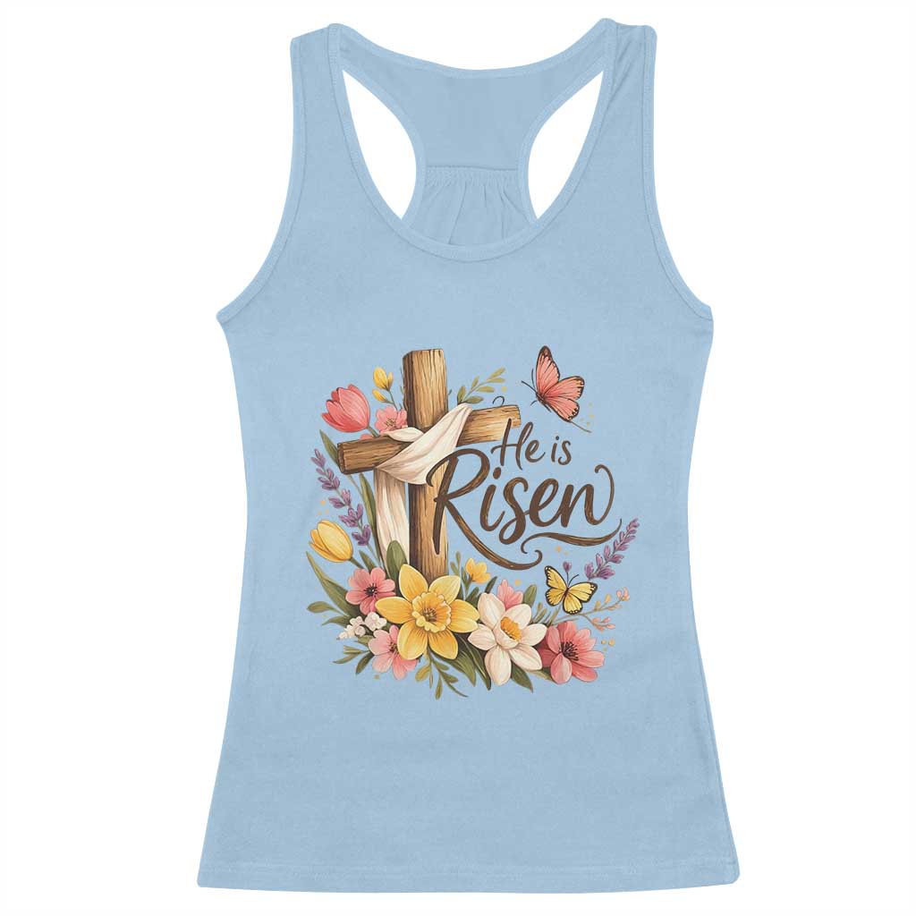 He Is Risen Floral Cross Christian Easter Racerback Tank Top Spring Flowers Butterfly Faith Inspirational Gift TS02 Light Blue Print Your Wear