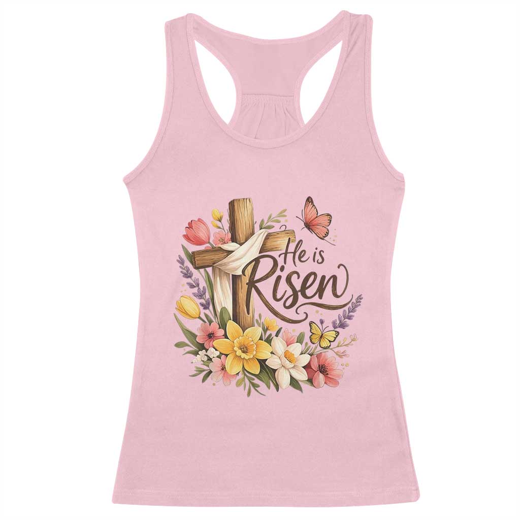 He Is Risen Floral Cross Christian Easter Racerback Tank Top Spring Flowers Butterfly Faith Inspirational Gift TS02 Light Pink Print Your Wear