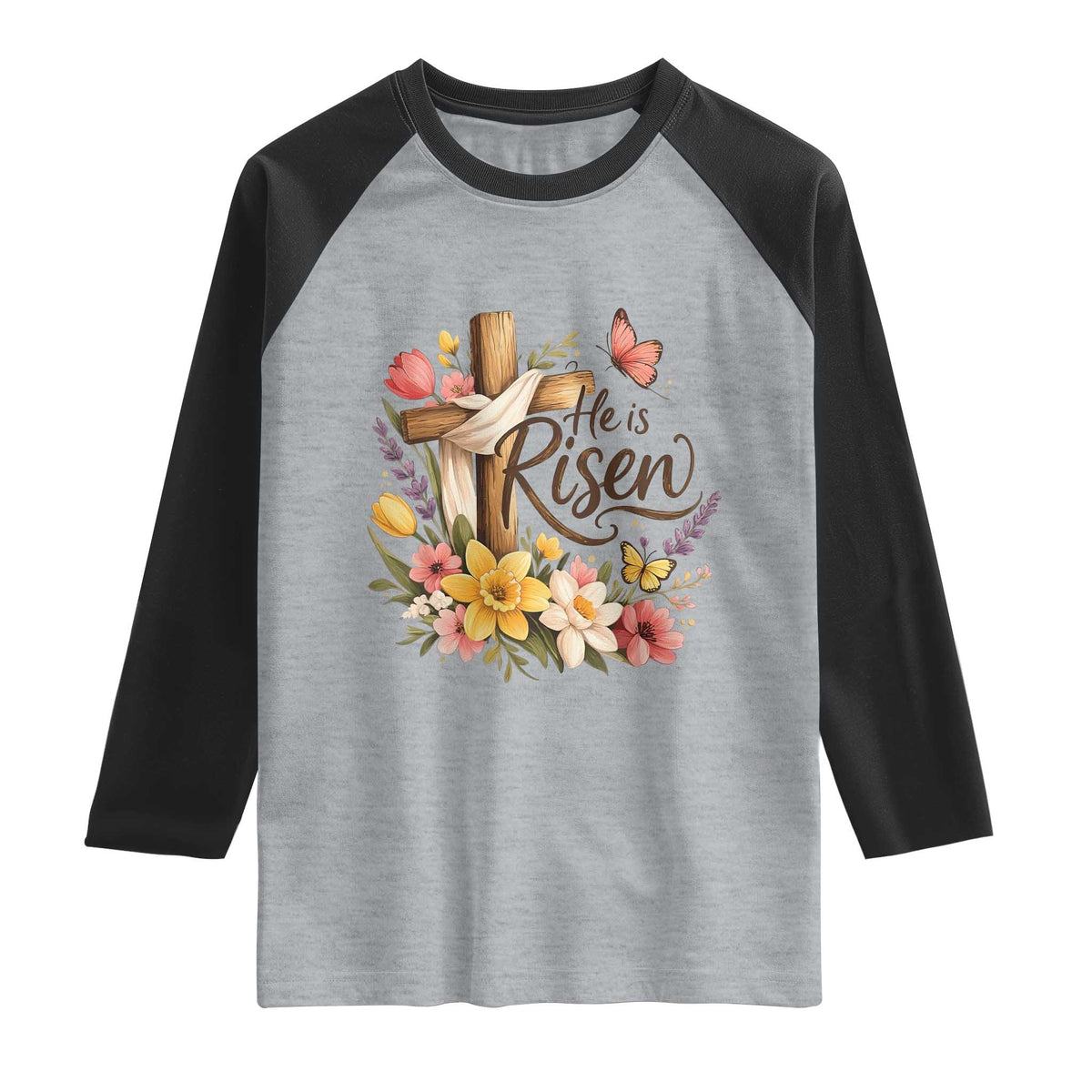 He Is Risen Floral Cross Christian Easter Raglan Shirt Spring Flowers Butterfly Faith Inspirational Gift TS02 Heather Gray Black Print Your Wear