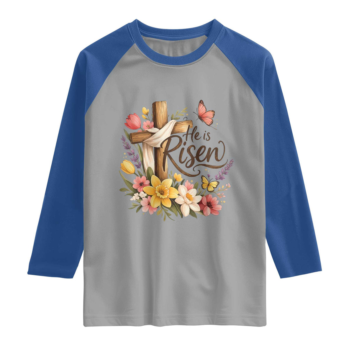 He Is Risen Floral Cross Christian Easter Raglan Shirt Spring Flowers Butterfly Faith Inspirational Gift TS02 Sport Gray Royal Print Your Wear