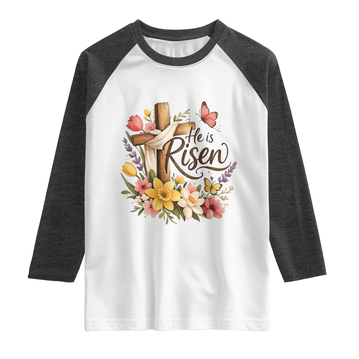 He Is Risen Floral Cross Christian Easter Raglan Shirt Spring Flowers Butterfly Faith Inspirational Gift TS02 White Heather Charcoal Print Your Wear