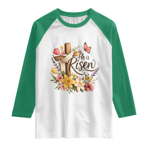 He Is Risen Floral Cross Christian Easter Raglan Shirt Spring Flowers Butterfly Faith Inspirational Gift TS02 White Kelly Green Print Your Wear
