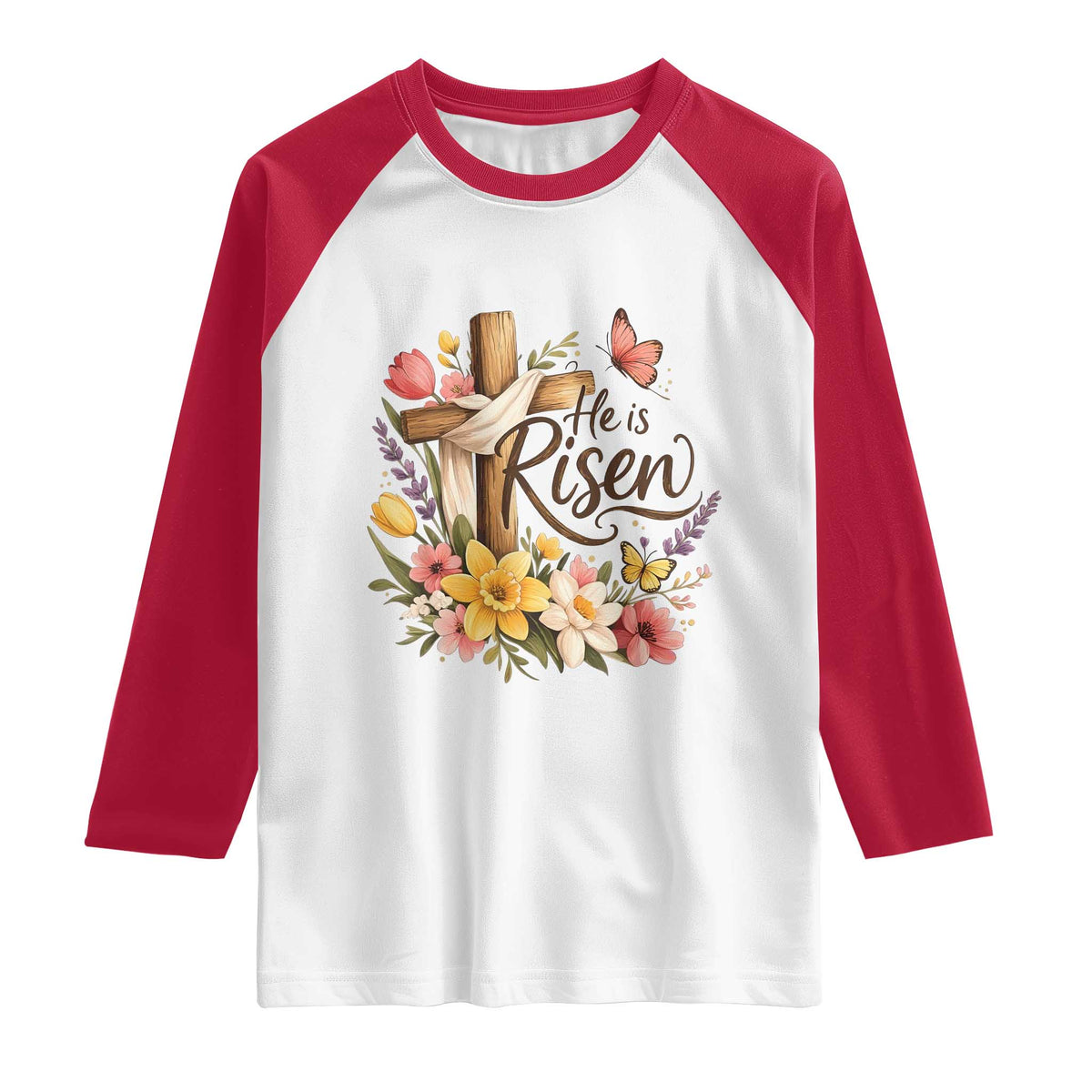 He Is Risen Floral Cross Christian Easter Raglan Shirt Spring Flowers Butterfly Faith Inspirational Gift TS02 White Red Print Your Wear
