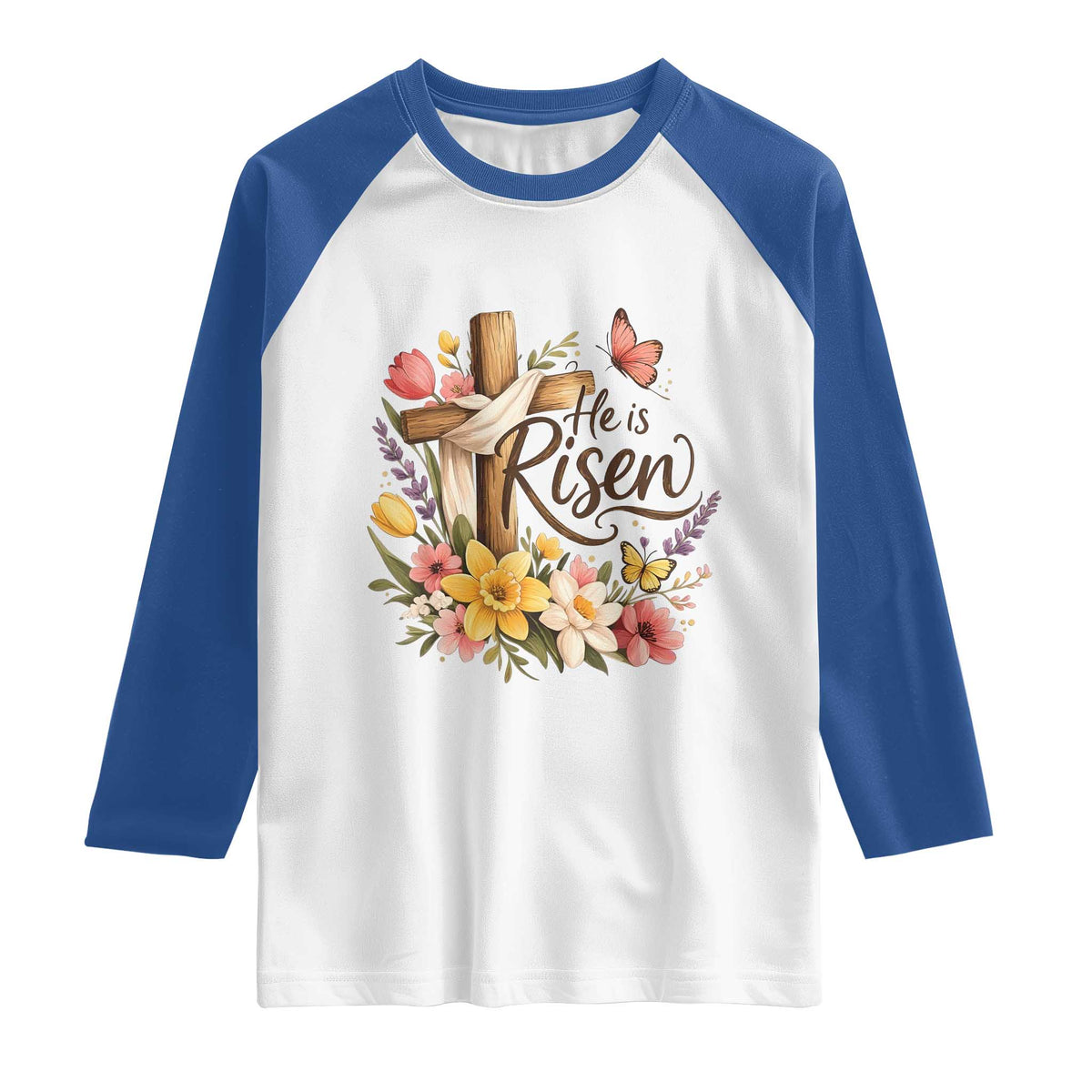 He Is Risen Floral Cross Christian Easter Raglan Shirt Spring Flowers Butterfly Faith Inspirational Gift TS02 White Royal Print Your Wear