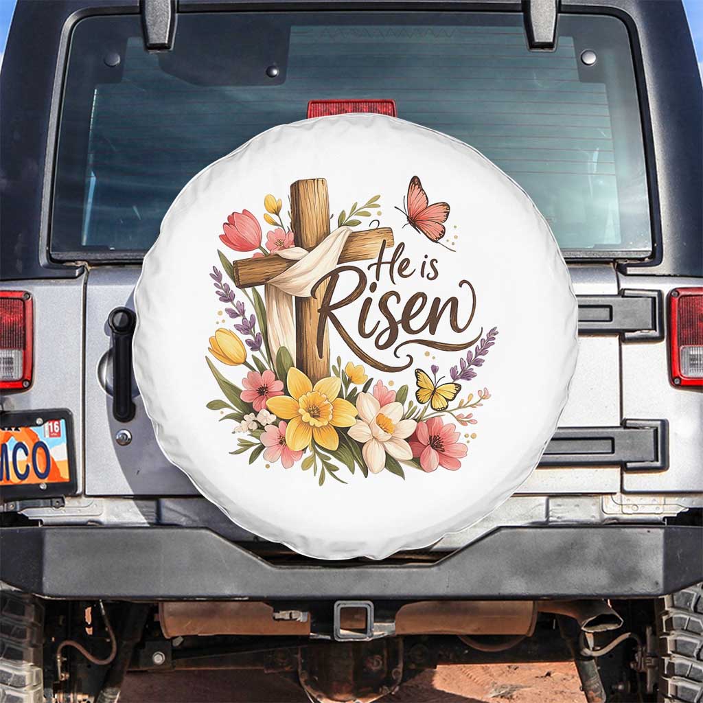 He Is Risen Floral Cross Christian Easter Spare Tire Cover Spring Flowers Butterfly Faith Inspirational Gift TS02 No hole White Print Your Wear