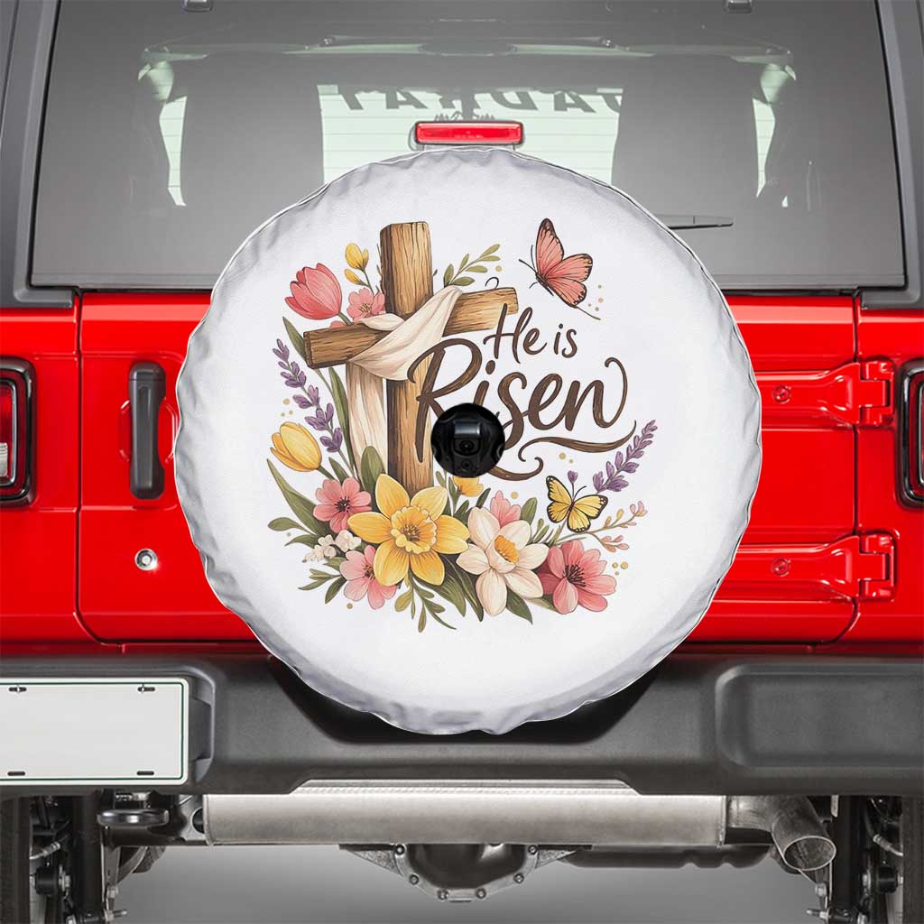 He Is Risen Floral Cross Christian Easter Spare Tire Cover Spring Flowers Butterfly Faith Inspirational Gift TS02 White Print Your Wear